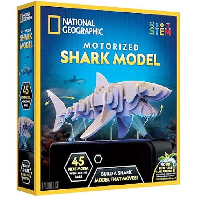 NATIONAL GEOGRAPHIC MOTORIZED SHARK 3D PUZZLE - 45-PIECE 3D WOOD MODEL KIT WITH LIGHT-UP MOTORIZED DISPLAY BASE WITH 8 LIGHT SETTINGS, 3D PUZZLES FOR KIDS, WOODEN ANIMAL PUZZLE, SHARK TOY - Image 1